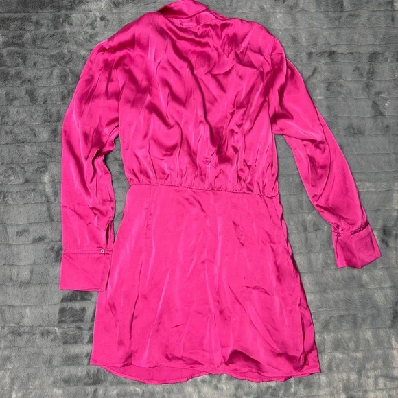 Strut & Bolt Magenta Pink Satin Wrap Mini Dress Long Sleeve Ruched Size M - Picture 5 of 6